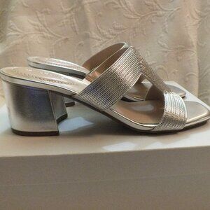 Silver Sandals with Block Heel Open Toe Mules Size 10M